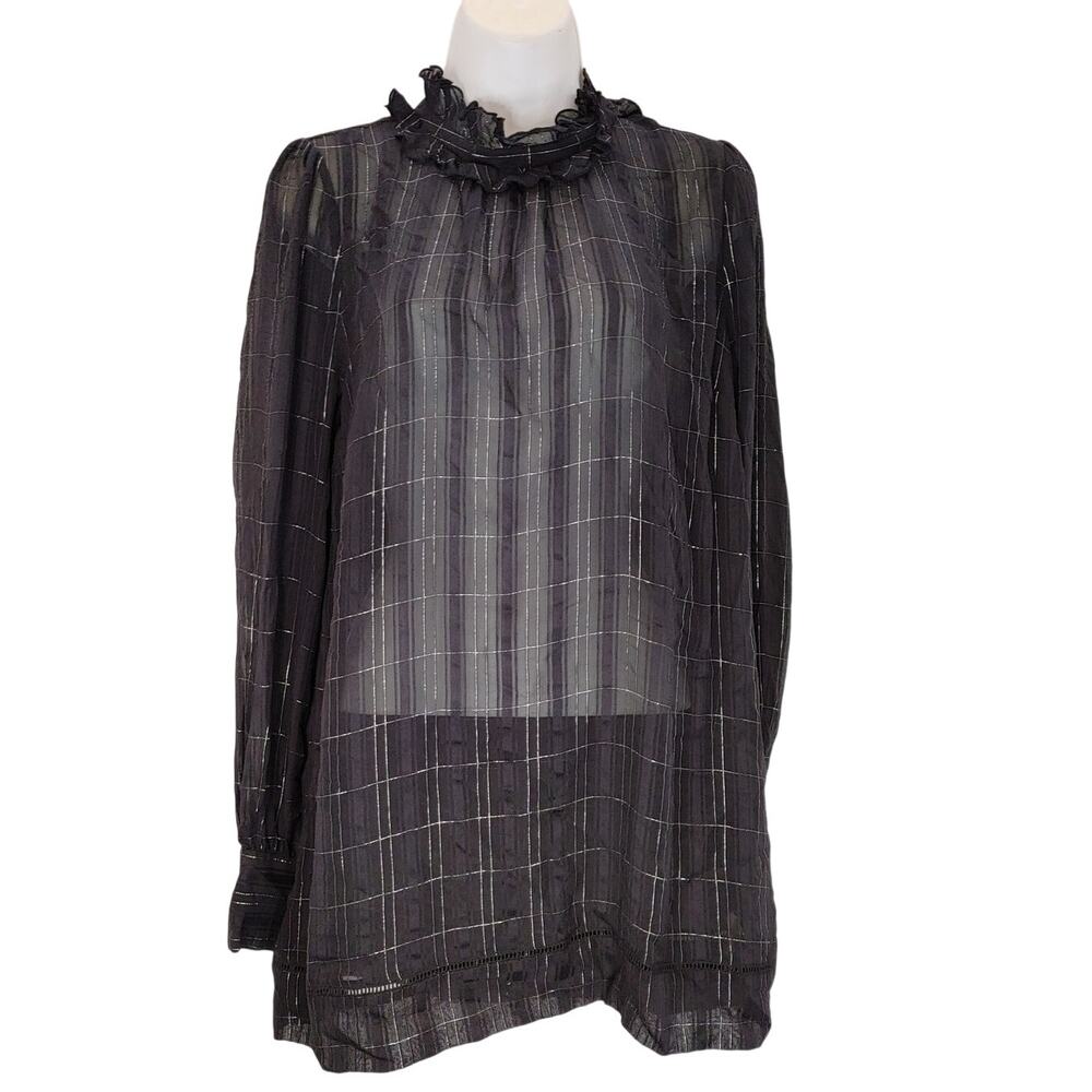 Juicy Couture Sheer Metallic Plaid Ruffle Tunic Top Black Silver Womens Size 8